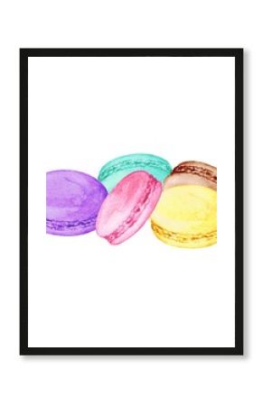 Delicious hand drawn french macarons. Watercolor realistic illustration on white background. Sweet cookies.