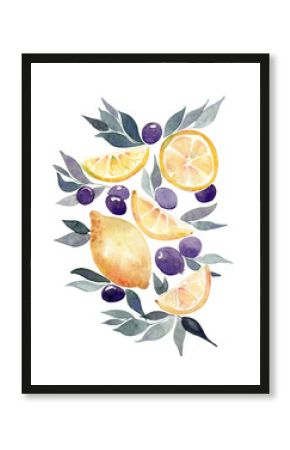 Watercolor gift card with lemons, leaves and some beries. Isolated on a white background