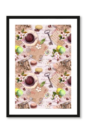 Vintage old paper, coffee or tea cup, macaroon cakes, flowers, hand written letters, keys. Retro design. Seamless pattern