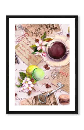 Vintage old paper, coffee or tea cup, macaroon cakes, flowers, hand written letters, keys. Retro design. Seamless pattern