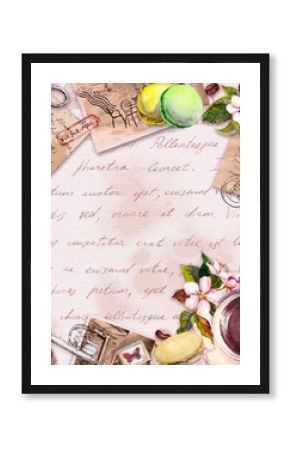 Vintage old card with coffee or tea cup, macaroon cakes, flowers, handwritten text, keys. Retro design in french style