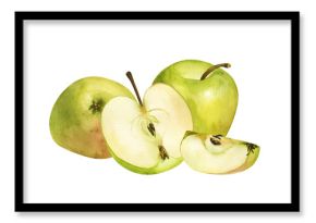 composition of green apples, watercolor hand draw. The garden fruit is whole and cut into pieces. Isolated illustration to use for design, menu, wallpaper, poster, print, art, sticker, recipe, textile