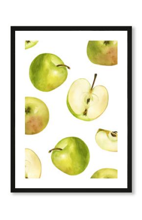 seamless pattern of green apples, watercolor hand draw. The garden fruit is whole and cut into pieces. Isolated illustration to use for design, menu, wallpaper, poster, print, art, textile.