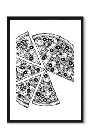 Vintage drawing, pizza, table, organic food ingredients. Hand drawn pizza illustration. Great for menu, poster or label.