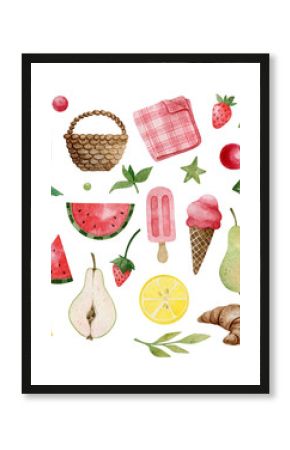Set of watercolor hand-drawn illustrations of summer theme. Picnic set - basket, lemonade, plaid, fruits, ice cream, leaves.