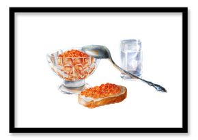 National Meat Russia. Caviar Vodka. Watercolor Illustration. Can be used as romantic background for web pages, invitations, postcards,  patterns, prints for kitchen, menu, restaurants. Vintage flatwar