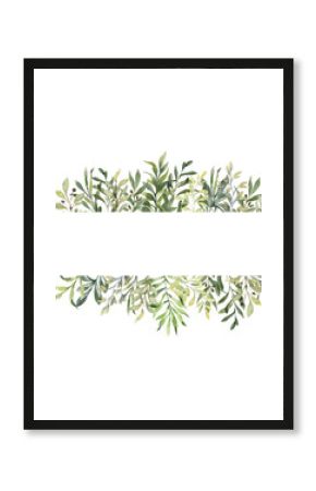 Beautiful watercolor frame with fresh greenery. Leaves, branches, berries, eucalyptus. Hand painted illustration. perfect for invitation cards, spring decor, wedding invitation, menu, cards, greeting 