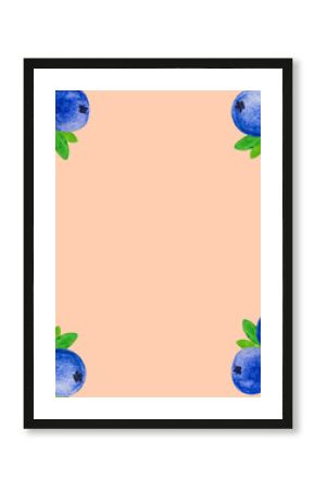 Beautiful floral botanical frame from blue blueberries green leaves on pink background. Design template for poster banner with copy space