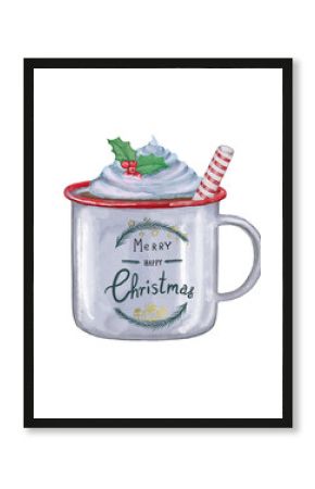 Christmas cacao with stripe tube, whipped cream and holly plant. Hand drawn watercolor Christmas drink. Merry Christmas and Happy New Year drink. Metal cup. Festive drink isolated on white background.