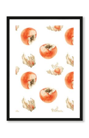 Seamless watercolor patterns. Hand painted physalis and persimmon on a white background. Great for packaging, wrapping paper, textiles, advertising backgrounds and postcards