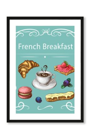 pastry and coffee illustration with curly frame on blue background. vintage sketch of coffee cup and french desserts. sweet breakfast. decorative poster for cafeteria, patisserie. pastry banner.