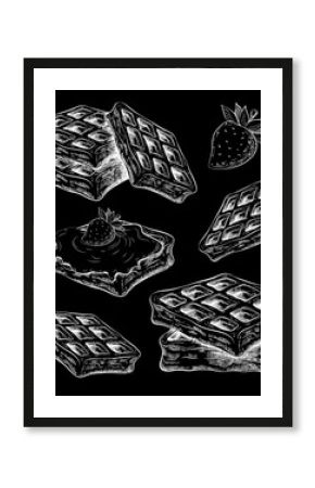 chalk drawn cute waffles isolated on black chalkboard. belgium wafers sketch on blackboard. sweet pastry illustration in vintage style. dessert collection for label, bakery menu, posters design.