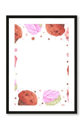Hand drawn watercolor cupcakes and polka-dot frame border. Illustration of food isolated on white background. Can be used for postcard, album, scrapbook and other printed products.