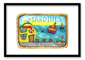  watercolor can with sardines and a drawing lable of a fishing village, a shop, seagulls and fishing boats with the inscription Sardines, fish.  Tinned fish.