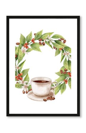 Coffee Cup with Coffee Bean and Flower Wreath Illustration