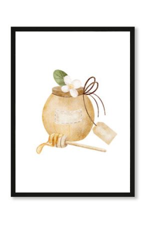 Watercolor illustration of a jar, a spoon of honey with a label in a retro style drawn by hand. The composition is isolated from the background for a greeting card, a product label, clothes, tableware