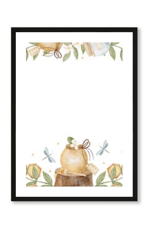 Frame square watercolor illustration jar, honey pot, honeycomb in chamomile flowers, leaves, dragonfly. Hand drawn illustration on isolated background, vintage style for templates invitation, postcard