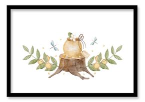 Watercolor illustration of a jar, spoon of honey on a wooden stump in leaves, honeycombs, flowers chamomile hand drawn. Composition isolated from background for greeting card, product label, clothing