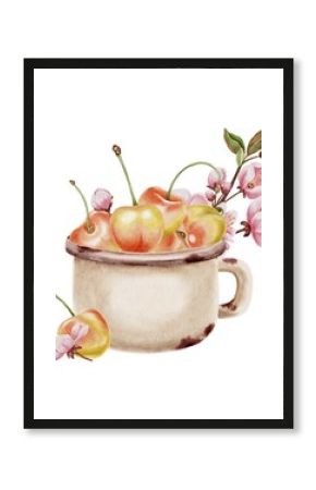Watercolor illustration of a vintage mug filled with yellow cherries and pink flowers Sakura on branch. Suitable for menu design and packaging, culinary blogs and greeting cards, and interior decor