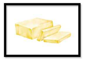 Watercolor illustration of a butter block with slices, isolated on white. Hand-drawn dairy product clipart for packaging, cookbooks, recipe cards, kitchen prints, and commercial use.