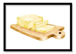 Watercolor illustration of sliced butter on a wooden cutting board, isolated on white. Hand-painted kitchen-themed element for packaging, recipe books, labels, and culinary design projects.