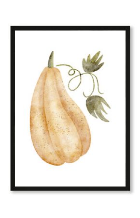 Watercolor illustration pumpkin yellow with leaves. Vegetable, autumn harvest hand drawn on isolated background in children's stylization for design of postcards, poster, holiday, clothes, dishes