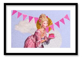 Trend artwork poster composite sketch collage of young lady kiss celebrate birthday flag garland baroque style feather accessory drama
