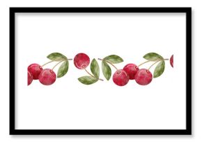 Watercolor border berries cherries with green leaves, illustration juicy fruit red pink hand drawn. Seamless banner on isolated background for design textiles, packaging, clothes, postcard