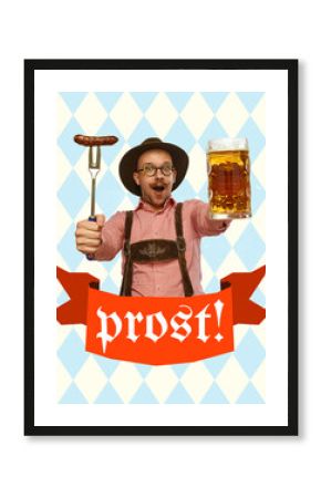 Bold colorful poster showing cheerful man in traditional Bavarian outfit raising beer stein and sausage on fork, standing before blue diamond backdrop with red ribbon. Oktoberfest ads