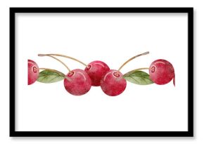 Seamless border watercolor cherry berries with green leaves, illustration fruits red pink hand drawn. Banner on isolated background for design textile, packaging, clothes, postcard, product, food