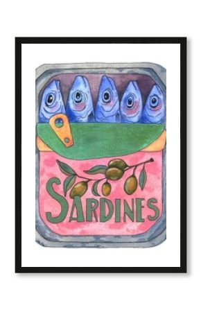 pastel watercolor canned fish in an open tin . Canned sardines with olives on the cover. template for the kitchen poster,vintage food posters, menu,design and leaflets