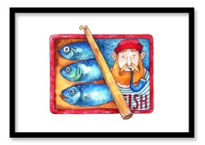 watercolor canned fish in an open tin. Sardines in a tin. A fisherman with a smoking pipe and seagulls on the cover. Template for kitchen posters, menus, designs, brochures, flyers.