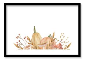 Watercolor autumn pumpkins leaves mushrooms berries. Frame hand drawn illustration yellow orange in retro style. Composition for invitations, postcards, posters, packaging, holidays, dishes, labels