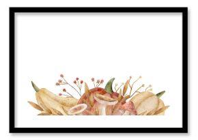Watercolor red, yellow pumpkin leaves mushrooms berries. Frame hand drawn illustration of autumn harvest vegetables in retro. Composition for invitations, postcards, posters packaging, holidays dishes