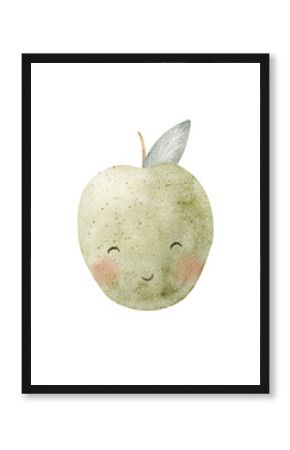 Watercolor fruits apple green big juicy cute eyes hand drawn illustration character in children's style on transparent background for design of cards, posters, tableware, clothes, invitations