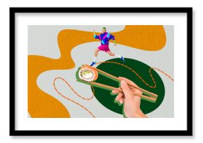 Trend artwork poster composite sketch image collage of hand hold chopsticks young sportive run sushi chopsticks eat fish restaurant