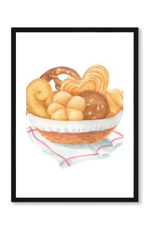 Watercolor food illustration of wicker basket filled with pastries: buns, croissants and pretzels, placed on napkin with red border. Good for bakery designs, packaging, cookbooks or food-themed prints