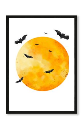Watercolor illustration of black flying bats of different sizes against large yellow moon on white background. Hand drawn Halloween-themed design perfect for cards, posters, prints and decorations.