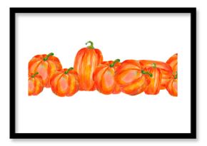 Watercolor seamless border with orange pumpkins isolated on white. Hand drawn pumpkins banner for seasonal packaging, wrapping paper, poster, fabric print, banner, scrapbook, postcards, fall design