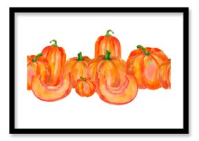 Watercolor seamless border with orange pumpkins isolated on white. Hand drawn pumpkins banner for seasonal packaging, wrapping paper, poster, fabric print, banner, scrapbook, postcards, fall design