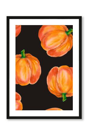 Pumpkin. Watercolor seamless pattern with bright orange pumpkins isolated on black for seasonal packaging, wrapping paper, poster, fabric print, banner, scrapbook, postcards, fall design, farm market