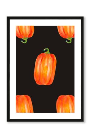Pumpkin. Watercolor seamless pattern with bright orange pumpkins isolated on black for seasonal packaging, wrapping paper, poster, fabric print, banner, scrapbook, postcards, fall design, farm market