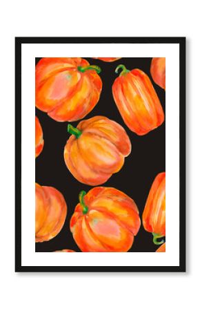 Pumpkin. Watercolor seamless pattern with bright orange pumpkins isolated on black for seasonal packaging, wrapping paper, poster, fabric print, banner, scrapbook, postcards, fall design, farm market