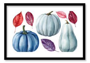 Blue pumpkins and burgundy autumn leaves watercolor clipart set for fall decor and seasonal designs botanical illustration
