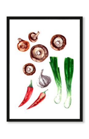 Hand drawn watercolor food illustration. Asian cuisine dishes. Miso soup with tofu. Ramen soup with soy sauce and ingredients. Food collage for menu background.