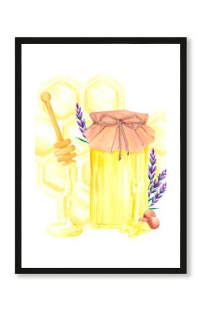 Golden honey composition with lavender, hand drawn watercolor jar and dipper illustration isolated on white background. Can be used for label, postcard scrapbook and other printed products.