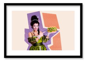 Trend artwork poster composite sketch image collage of young lady smile finger point show burger hungry opulence dress aristocracy corset