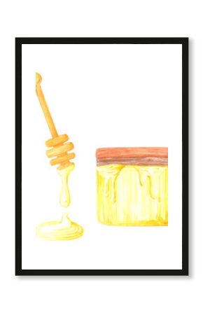 Golden honey composition, hand drawn watercolor jar and dipper illustration isolated on white background. Can be used for label, postcard scrapbook and other printed products.