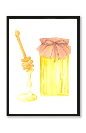 Golden honey composition, hand drawn watercolor jar and dipper illustration isolated on white background. Can be used for label, postcard scrapbook and other printed products.