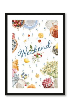 Watercolor template frame of Weekend. Hand drawing poster of yellow lemons, jam, fresh food, countryside elements. Vintage print in cottage core style for design, restaurant menu